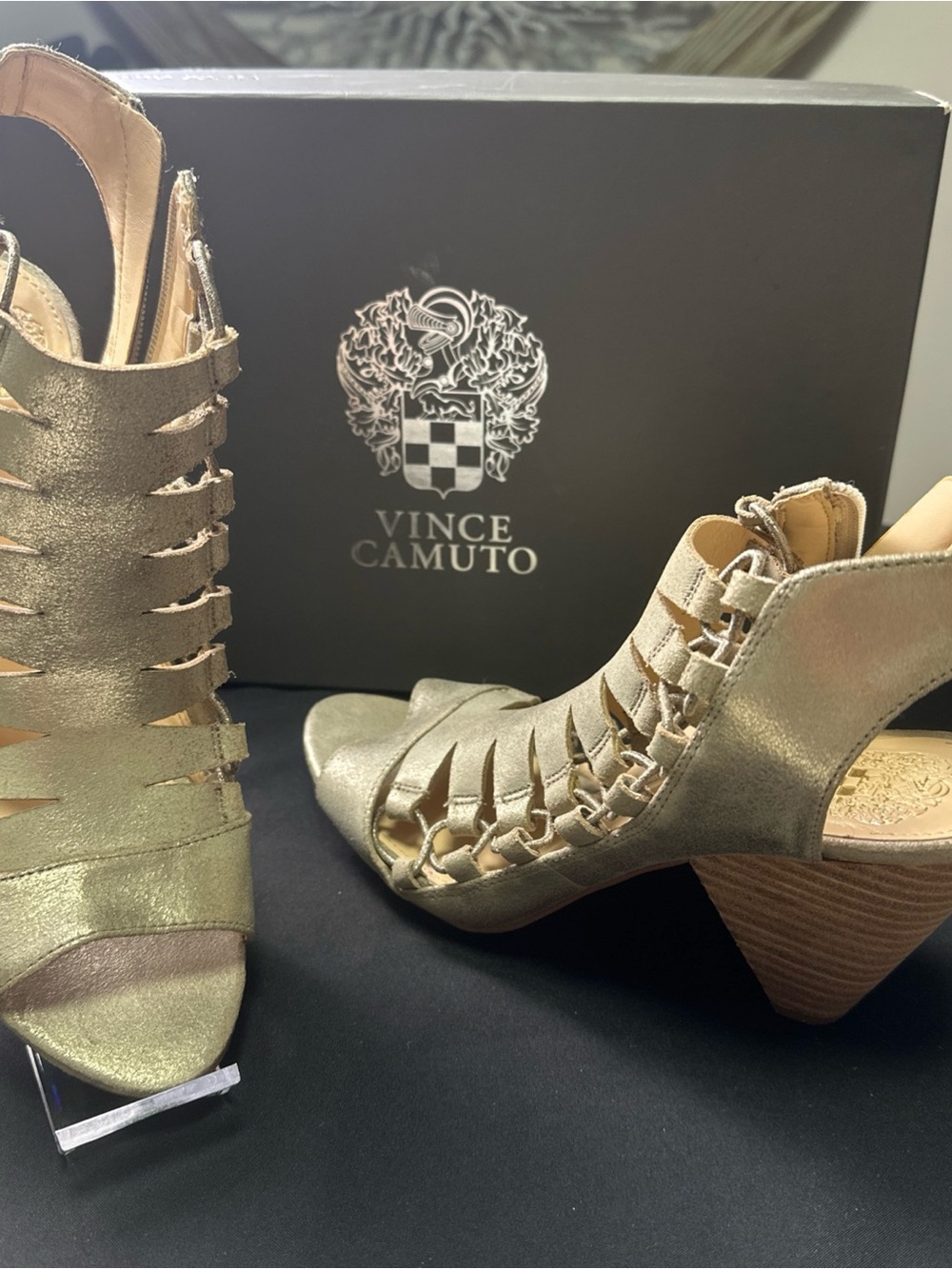 Vince Camuto Distressed Gold Strappy Peep-Toe Zipper Side Women’s Heels